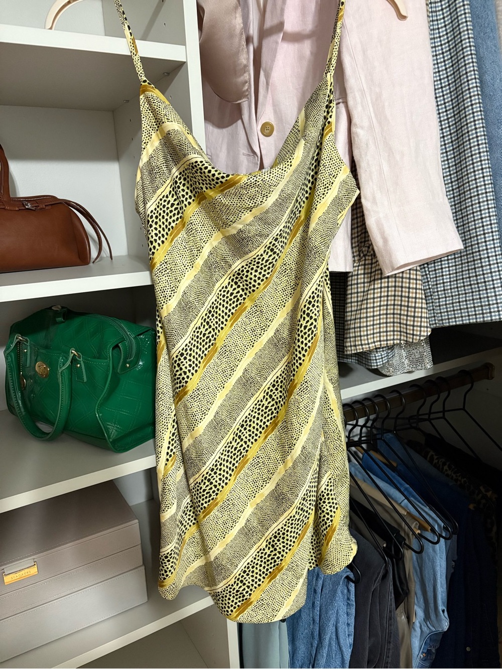 Urban Outfitters Yellow and Black Dot Print Satin Mini Dress